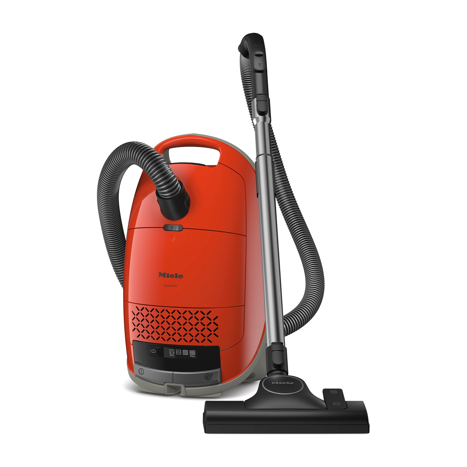 Un aspirapolvere Miele arancione su sfondo bianco. Ha un tubo, un'asta argentata e una testina di pulizia nera.