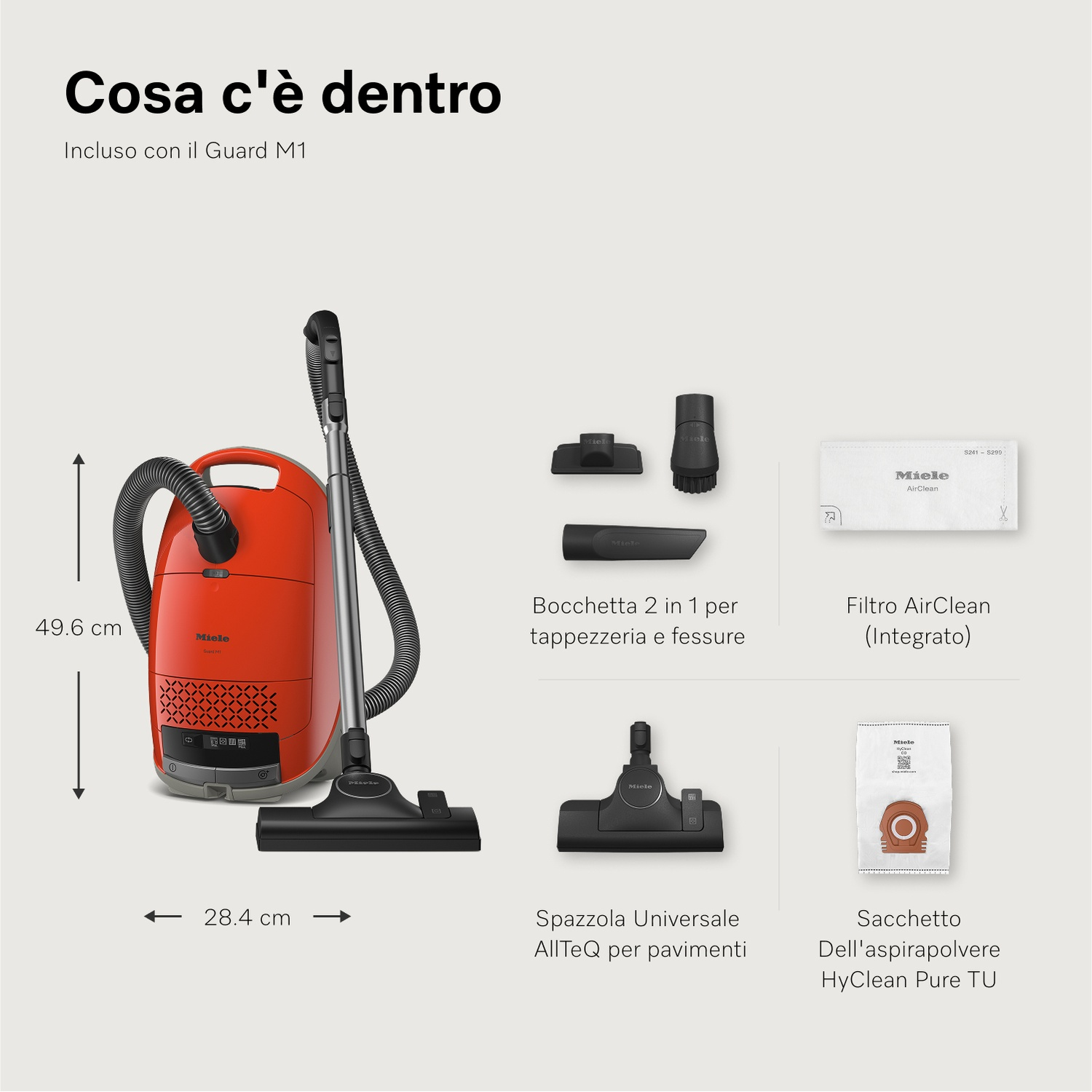 Un aspirapolvere Miele arancione con accessori, tra cui un filtro e un sacchetto per la polvere, è esposto su sfondo bianco.