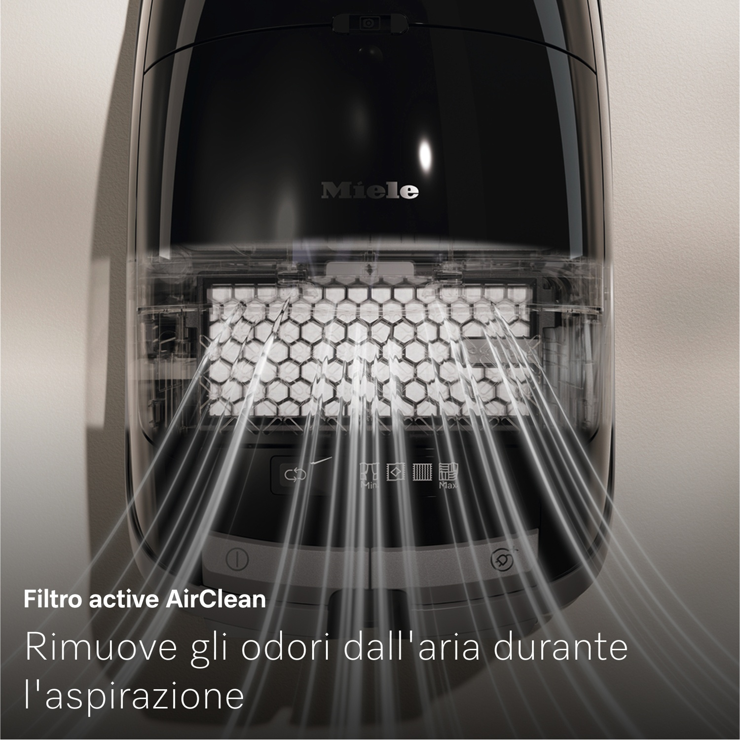 Aspirapolvere Miele nero con filtro trasparente. Linee di flusso d'aria emanano dal filtro. Testo: 'Filtro active AirClean rimuove gli odori'.