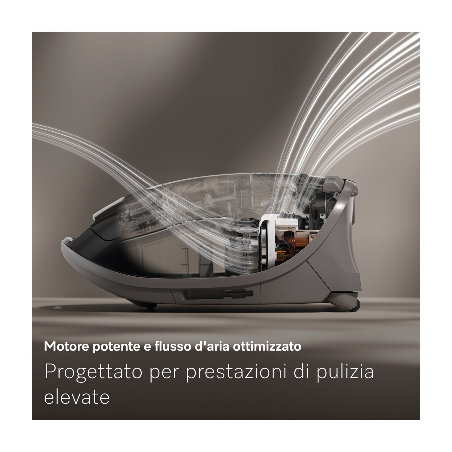 Aspirapolvere con parte superiore trasparente, che mostra le parti interne. Linee bianche del flusso d'aria illustrano il flusso d'aria ottimizzato.