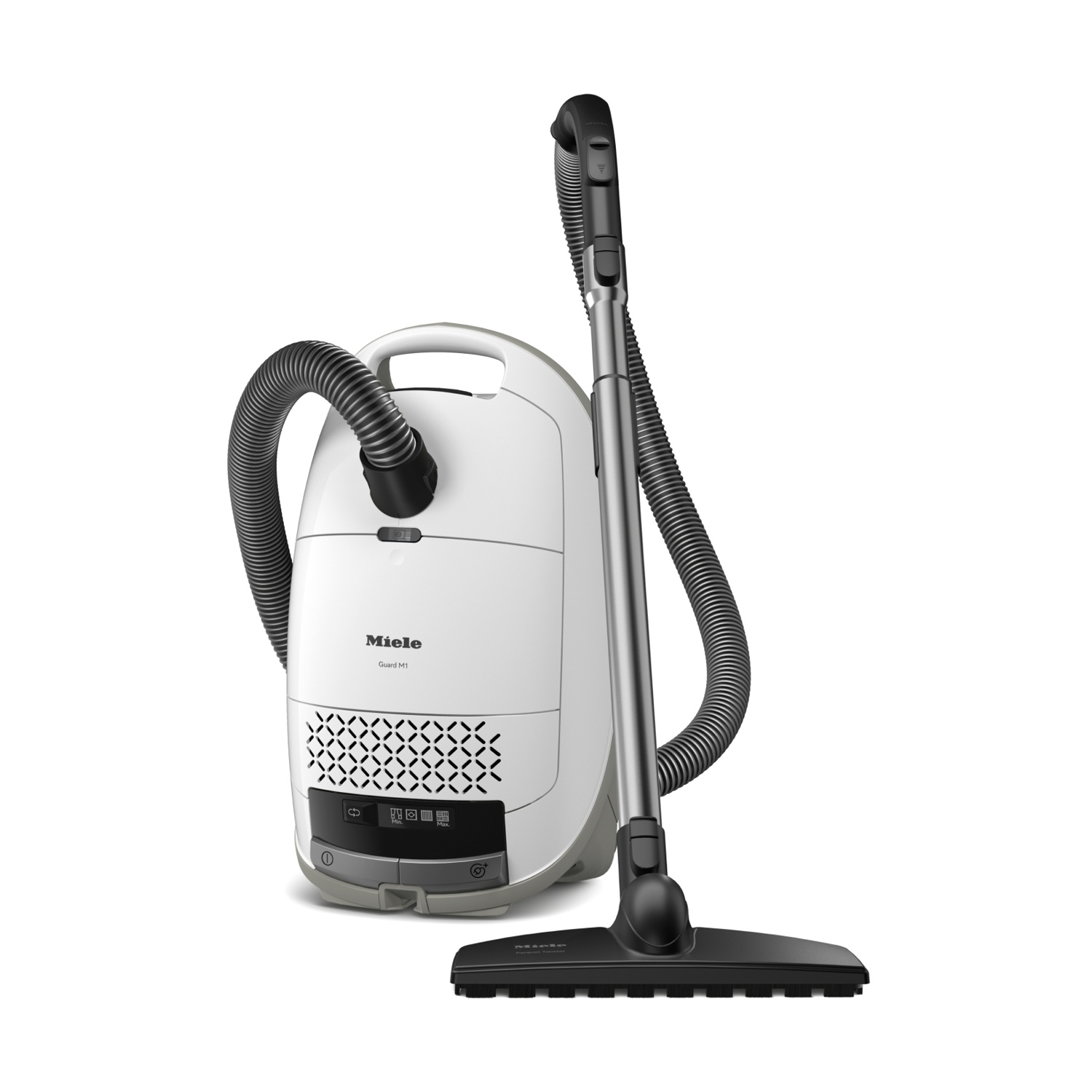 Un aspirapolvere Miele bianco con manico, tubo e spazzola grigi. È su sfondo bianco. L'aspirapolvere è in posizione verticale.