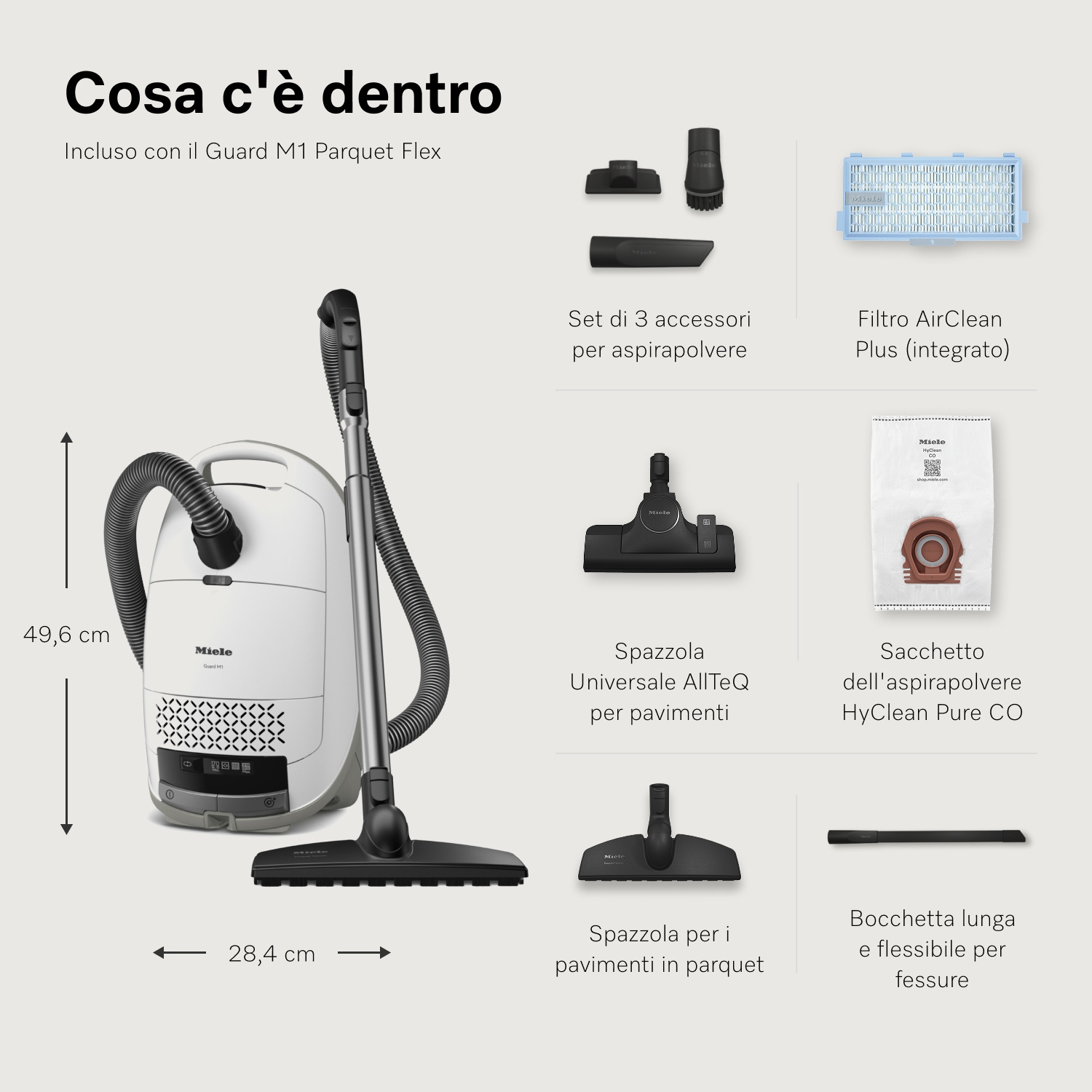 Un aspirapolvere Miele bianco con accessori. Gli accessori includono spazzole, filtro e sacchetto per la polvere, su sfondo bianco.