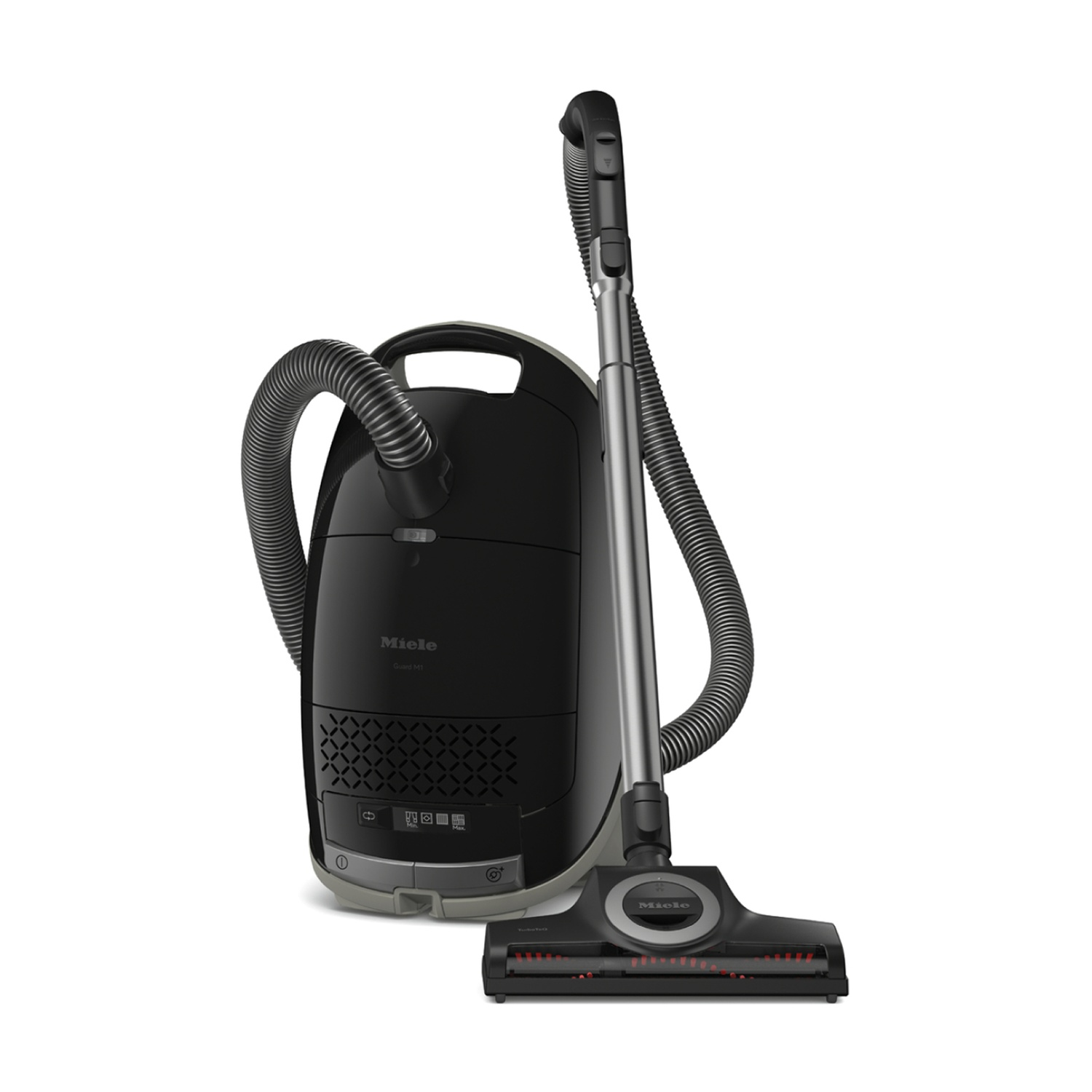 Un aspirapolvere Miele nero con manico e tubo argentati su sfondo bianco. La spazzola è sul pavimento.