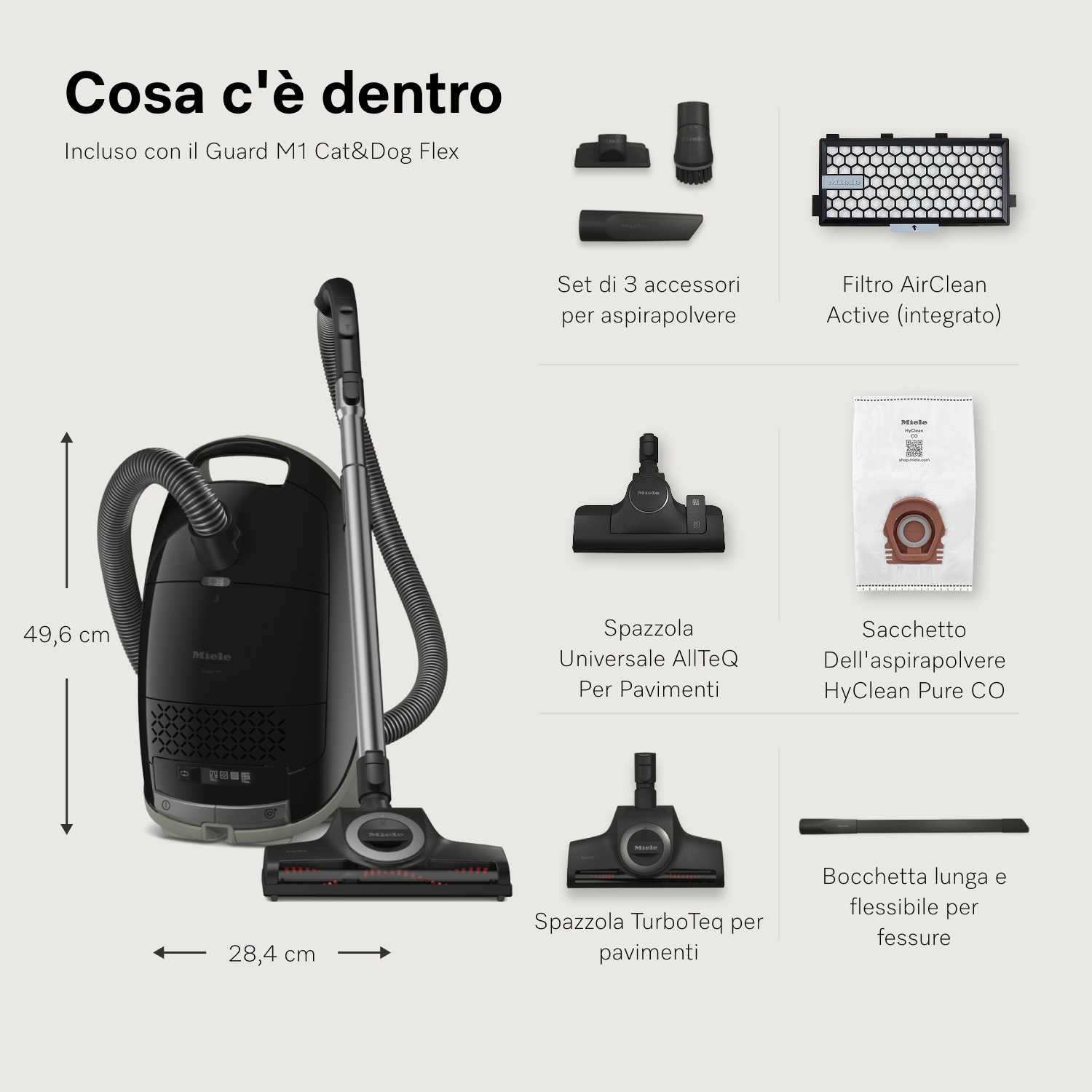 Un aspirapolvere Miele nero con accessori. Include ugelli, filtri e un sacchetto per la polvere. Le dimensioni sono indicate.