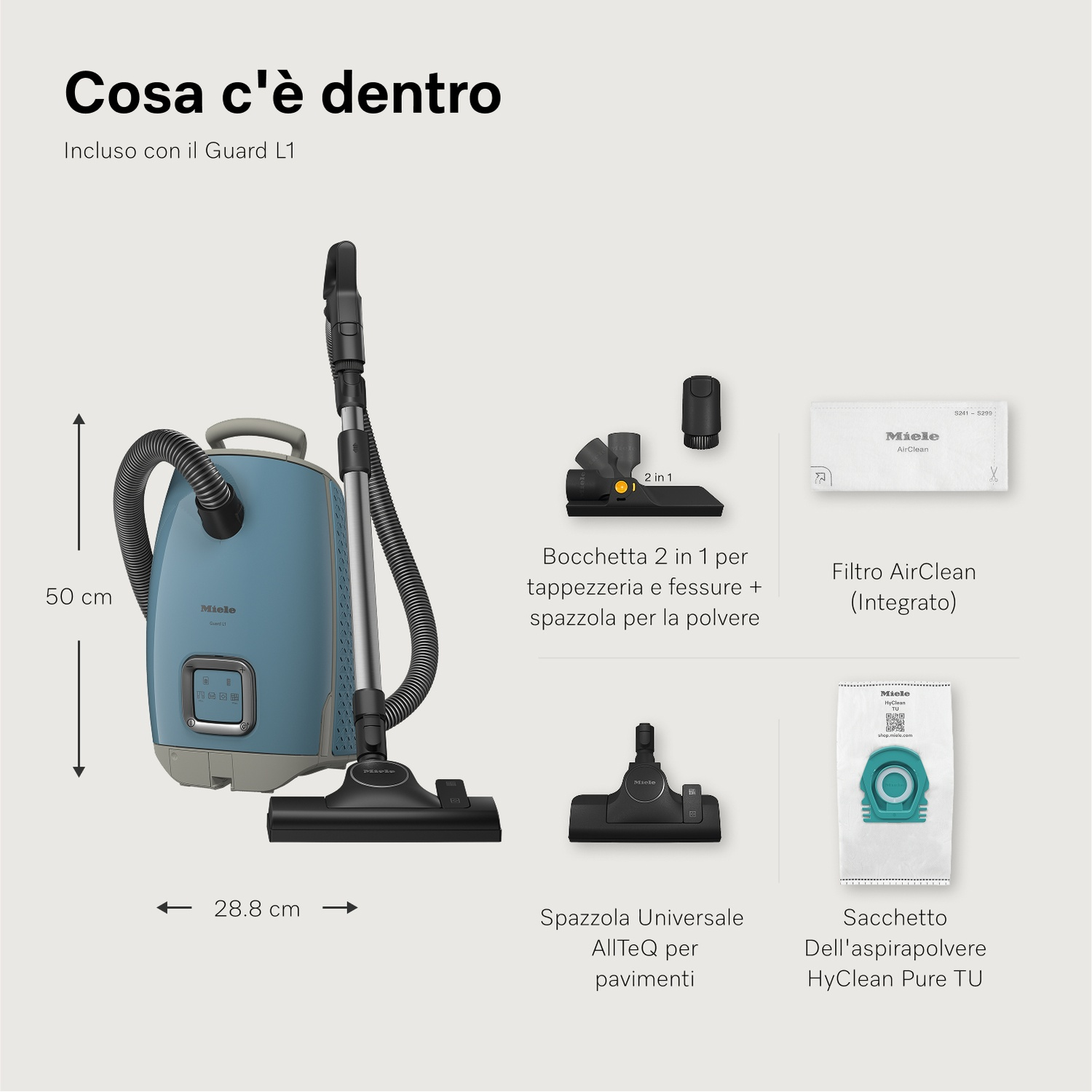 Un aspirapolvere Miele con accessori: bocchetta 2 in 1, filtro AirClean, spazzola universale e sacchetto HyClean Pure TU.