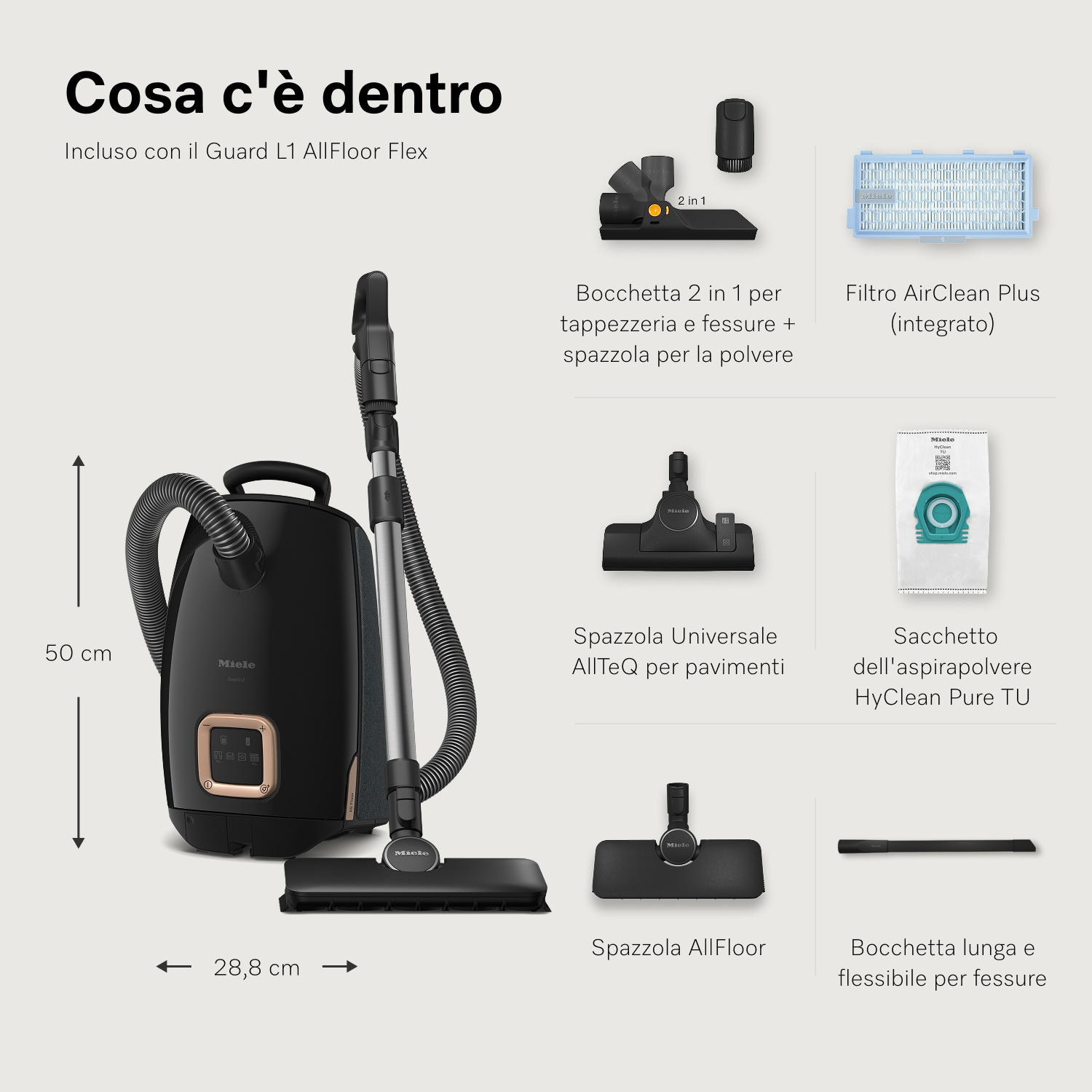 L'immagine mostra un aspirapolvere Miele nero e i suoi accessori, tra cui ugelli e filtri, con etichette di testo.