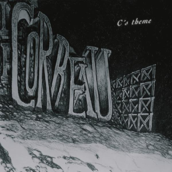 Monochrome Kunstwerk mit 'CORBEAU' in großen Buchstaben. Rechts eine zaunartige Struktur. 'C's theme' steht oben.