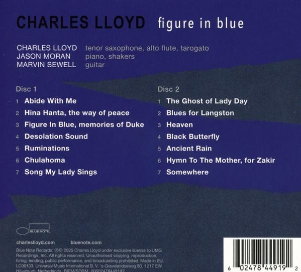 CD-Cover. Titel 'figure in blue' von Charles Lloyd. Enthält Titelliste, Musiker und Blue Note Logo.