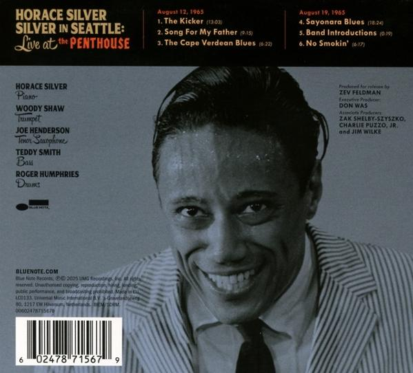Albumcover: Horace Silver lächelt, mit Titelliste und Musikernamen. Titel: Live at the Penthouse.