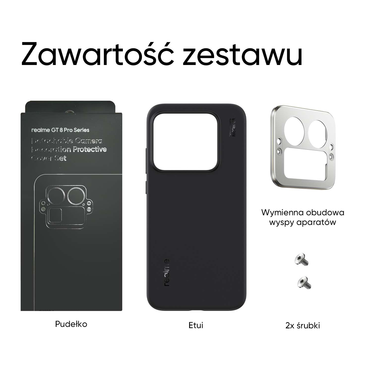 Obraz przedstawia akcesoria do telefonu: pudełko, etui, osłonę aparatu i śruby. Tekst: "Zawartość zestawu".