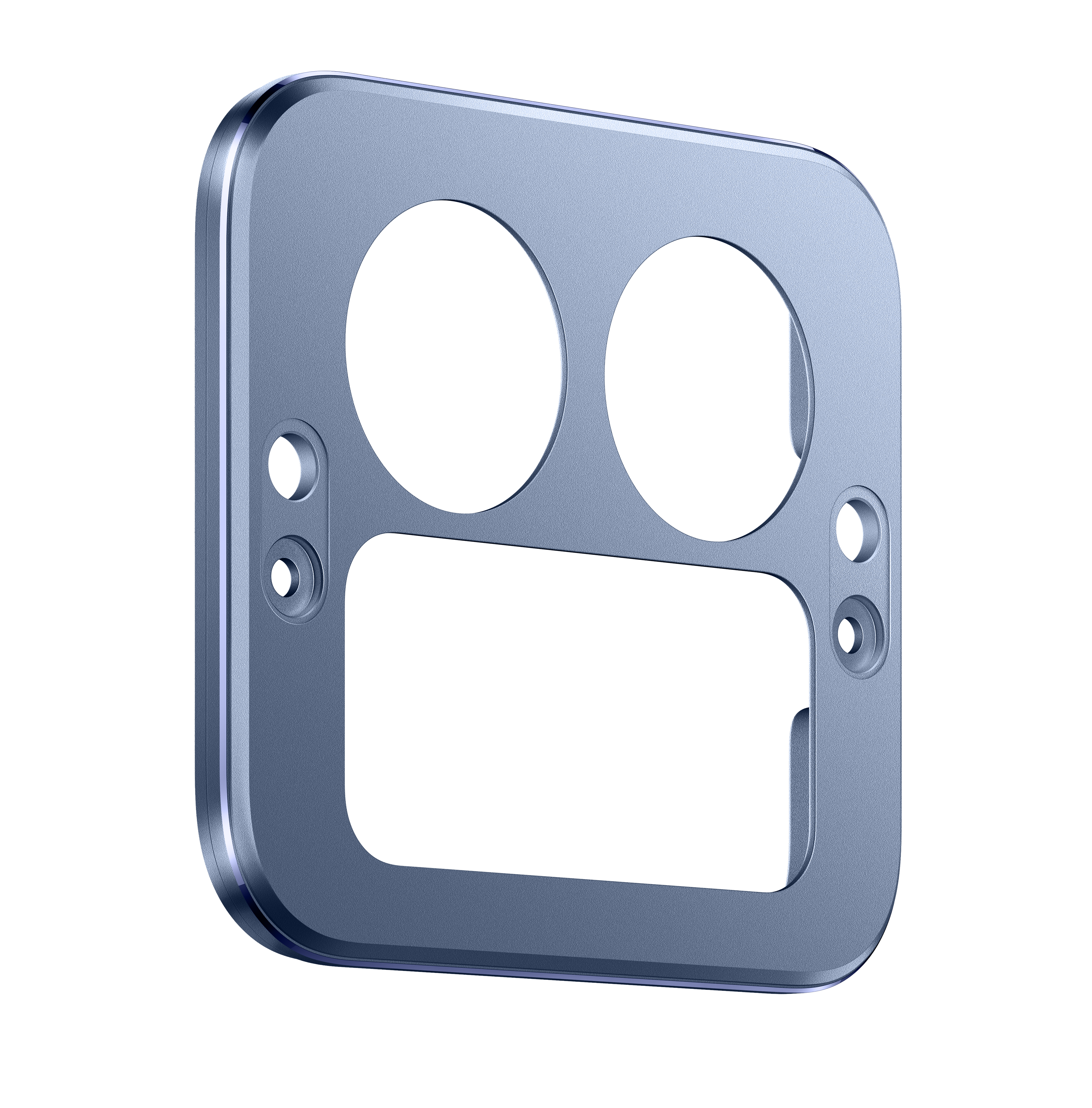 Jasnoniebieska, metaliczna, prostokątna ramka z dwoma okręgami i prostokątnym wycięciem na czarnym tle.