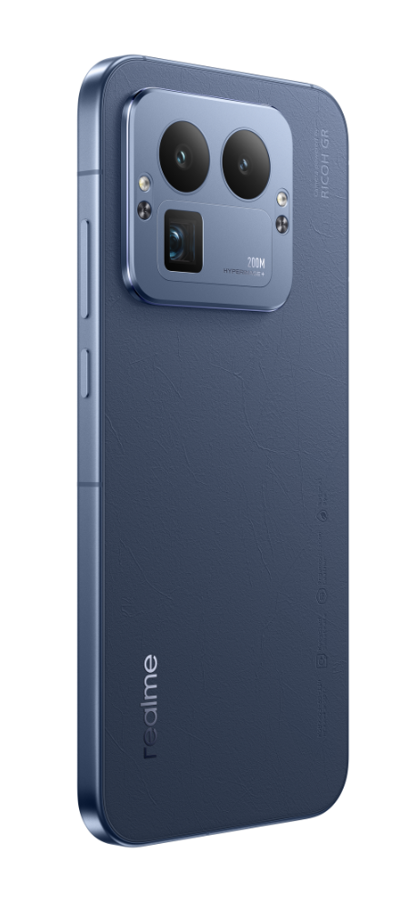 Niebieski smartfon z modułem aparatu. Telefon ma logo Realme, a aparat ma funkcję 200M HyperShot.