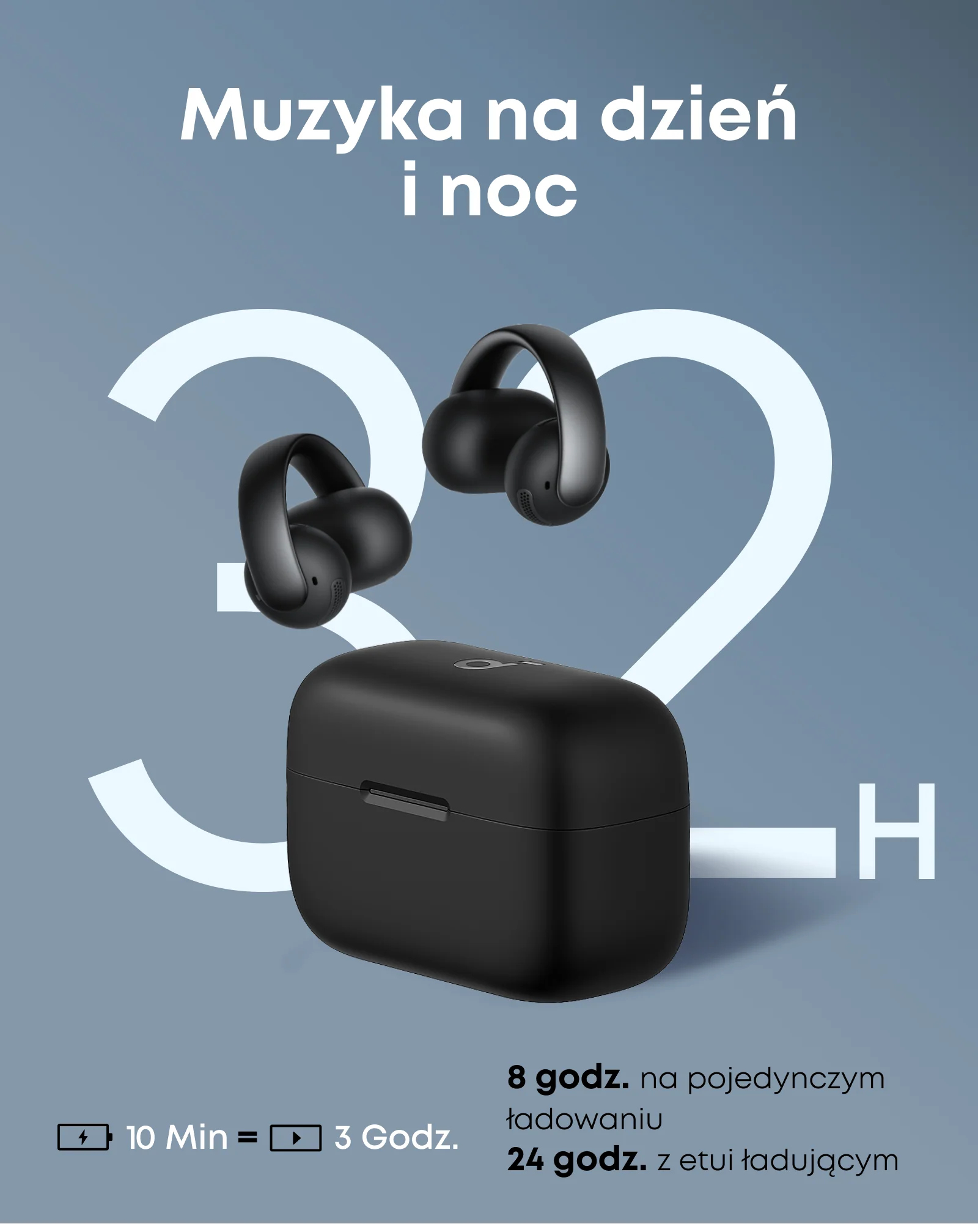 Czarne słuchawki, etui i szczegóły ładowania na niebieskim tle. Tekst brzmi 'Muzyka na dzień i noc'.