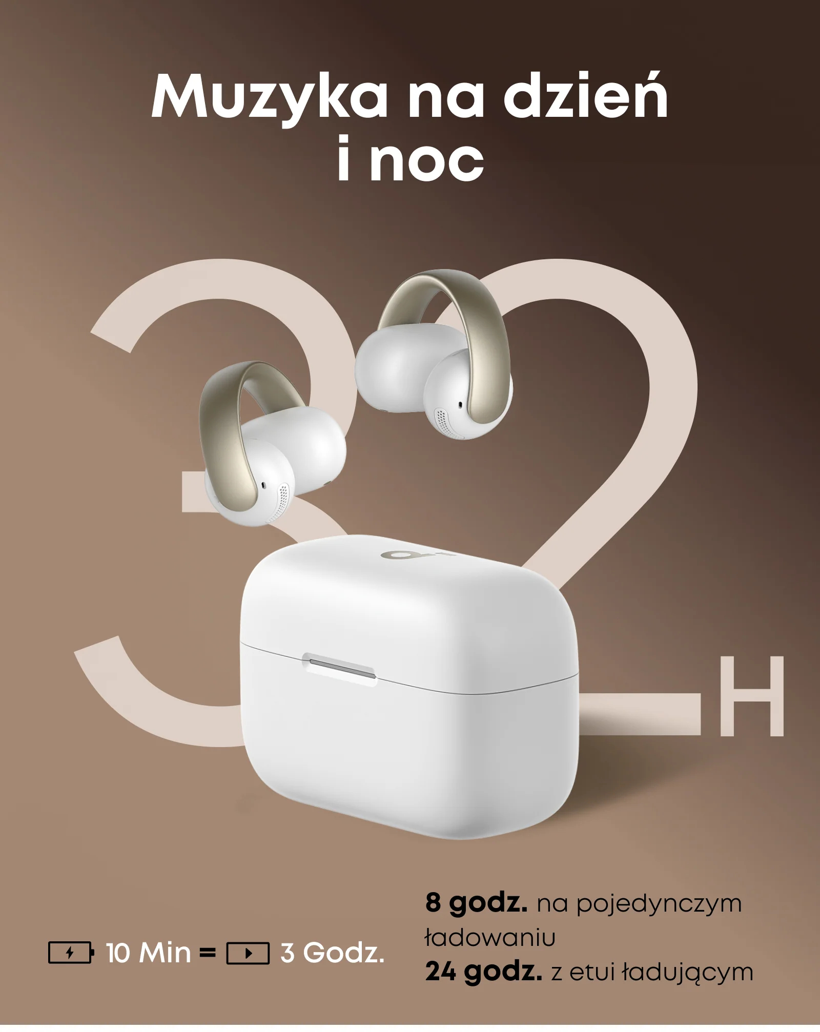 Białe słuchawki z złotymi akcentami i etui ładującym na brązowym tle. Tekst o żywotności baterii jest obecny.