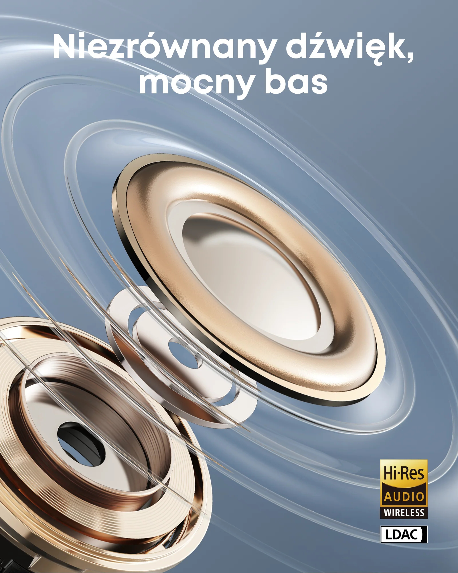 Zbliżenie głośnika ze złotymi i srebrnymi elementami na niebieskim tle, logo Hi-Res Audio i LDAC.