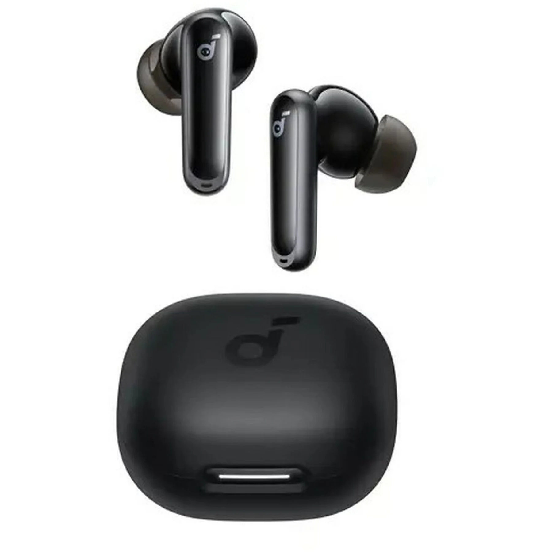 Czarne bezprzewodowe słuchawki i etui ładujące. Słuchawki są w powietrzu. Etui jest poniżej. Białe tło.