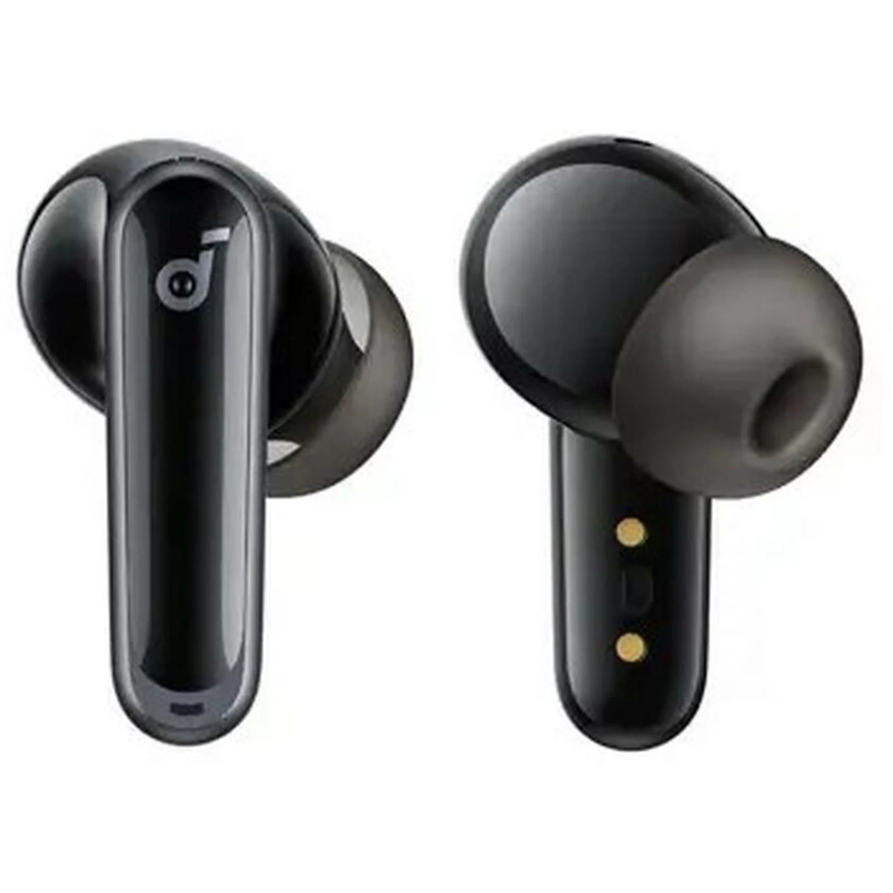Dwa czarne bezprzewodowe słuchawki. Każdy ma zaokrągloną górę i długą nóżkę. Są na białym tle.