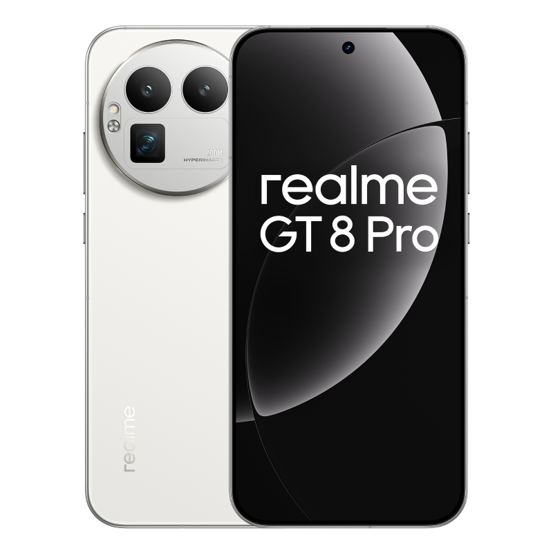 Biały telefon Realme GT 8 Pro. Ekran jest czarny z białym tekstem. Posiada konfigurację z trzema aparatami.