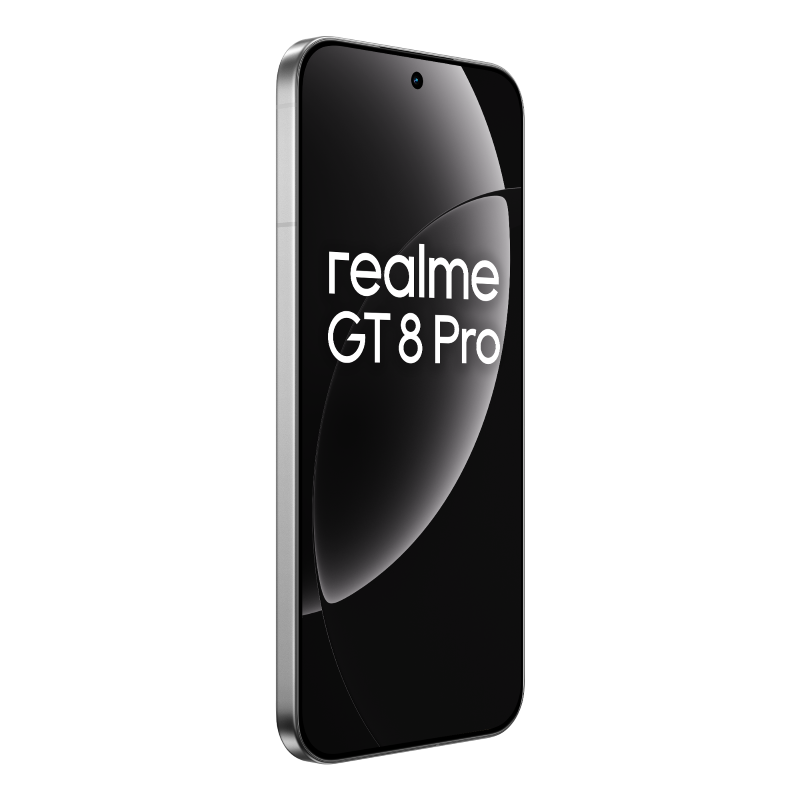Srebrny smartfon z czarnym ekranem wyświetlający tekst 'realme GT 8 Pro' na czarnym tle. Ekran ma zakrzywiony design.