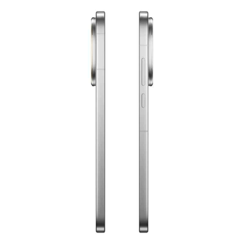 Dwa srebrne smartfony obok siebie na czarnym tle. Jeden pokazuje przyciski. Oba mają wybrzuszenie aparatu.