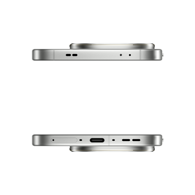 Dwa widoki srebrnego smartfona, pokazujące profile boczne. Cechy to wypukłość kamery, porty i przyciski na czarnym tle.