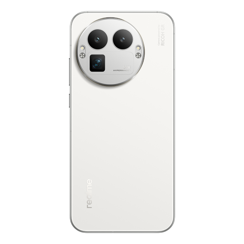 Biały tył smartfona z modułem potrójnego aparatu. Moduł zawiera dwie duże soczewki i mniejszą. Logo Realme na dole.