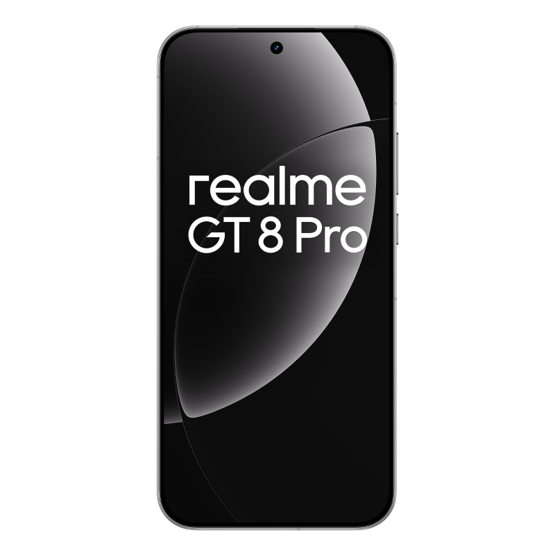 Smartfon z czarnym ekranem z logo Realme GT 8 Pro. Aparat widoczny na górze. Tło jest czarne.