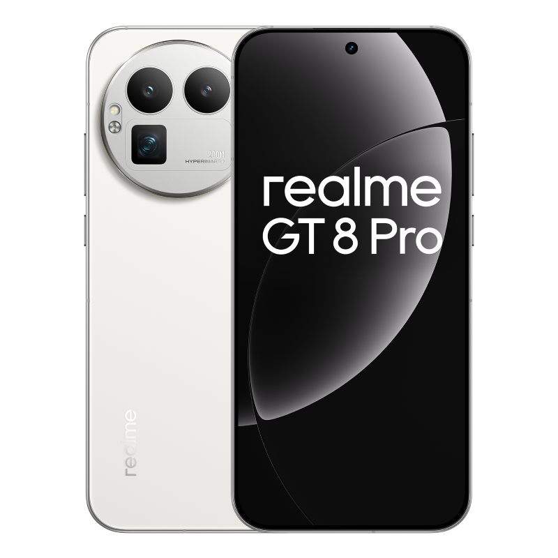 Biały telefon Realme GT 8 Pro. Z tyłu trzy aparaty. Ekran wyświetla nazwę telefonu.