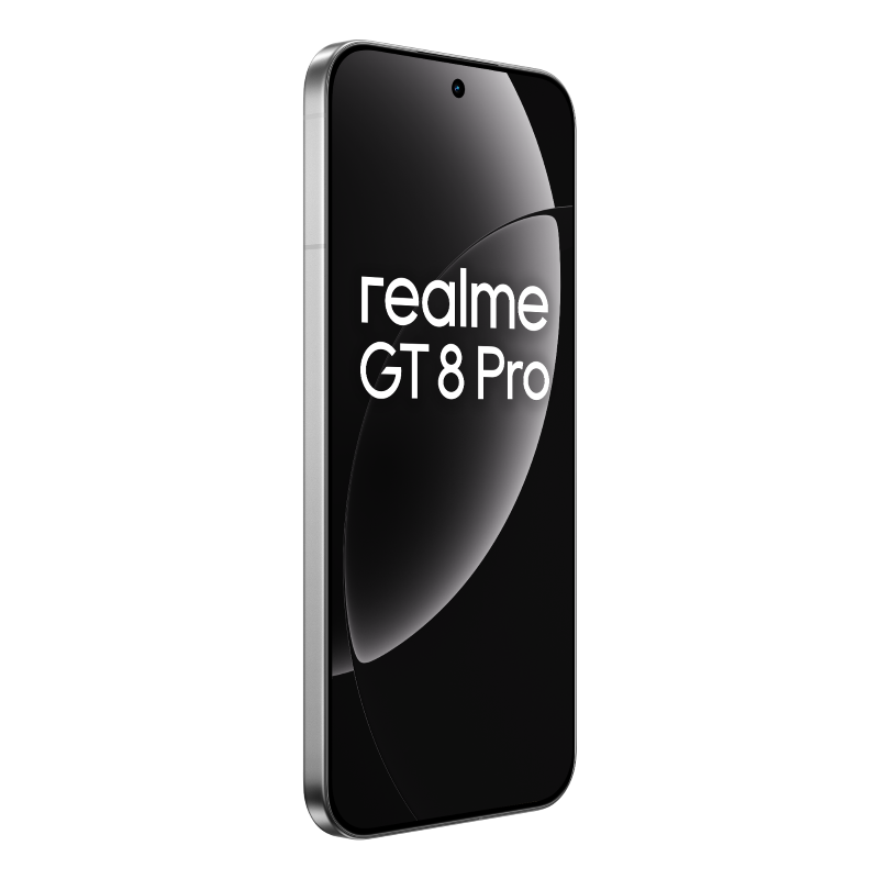 Smartfon ze srebrną ramką i czarnym ekranem wyświetla 'realme GT 8 Pro' w kolorze białym. Telefon jest ustawiony pod kątem na czarnym tle.
