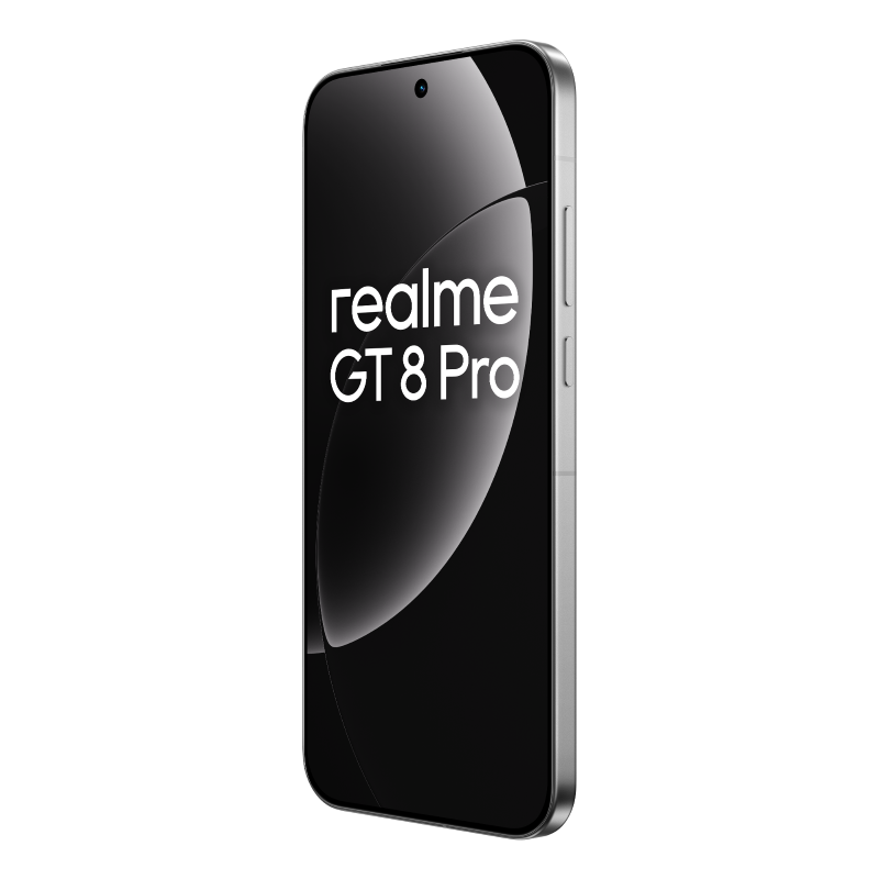 Srebrny smartfon Realme GT 8 Pro na czarnym tle. Ekran wyświetla nazwę telefonu w kolorze białym.