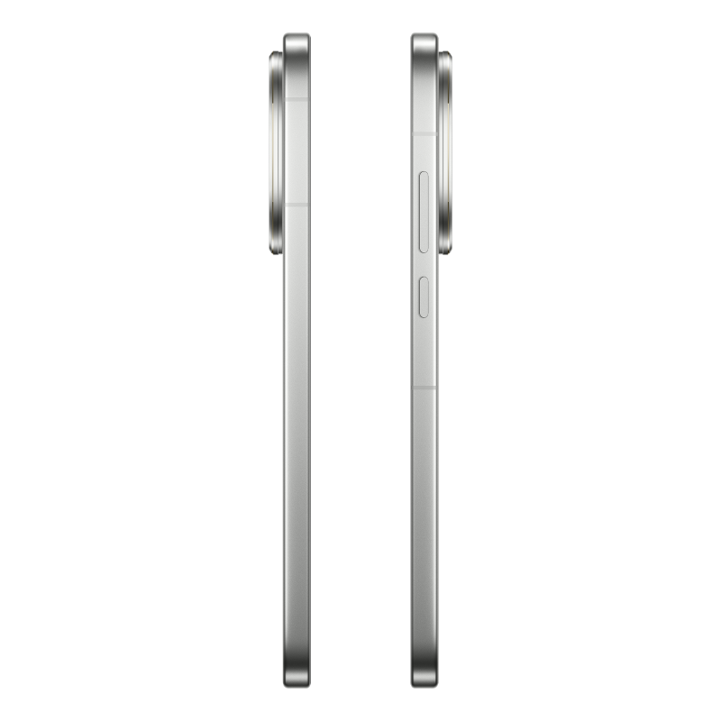 Dwa srebrne smartfony obok siebie. Jeden pokazuje przyciski, drugi jest gładki. Oba mają wybrzuszenia aparatu i są na czarnym tle.