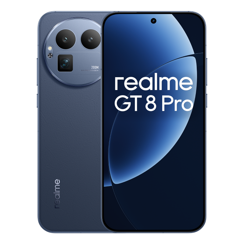 Ciemnoniebieski telefon Realme GT 8 Pro. Telefon ma potrójny obiektyw aparatu, a ekran wyświetla nazwę telefonu.