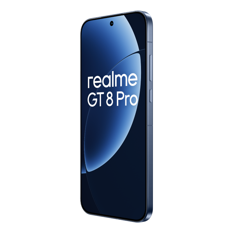 Niebieski smartfon Realme GT 8 Pro na czarnym tle. Ekran wyświetla nazwę telefonu z niebieskim gradientem.