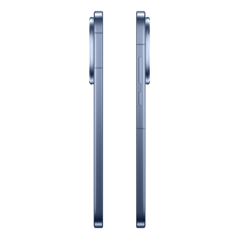 Dwa boczne widoki niebieskiego smartfona na czarnym tle. Jedna strona ma przyciski, druga jest gładka.