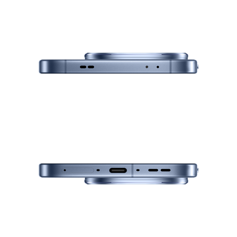 Dwa widoki niebieskiego smartfona na czarnym tle. Jeden pokazuje górną krawędź, drugi dolną krawędź z portem ładowania.