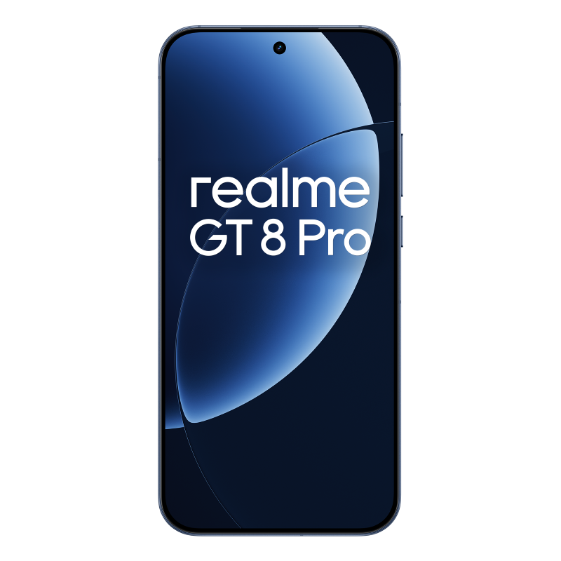 Smartfon z niebieskim ekranem wyświetla tekst 'realme GT 8 Pro' na gradientowym niebieskim tle. Czarne tło.