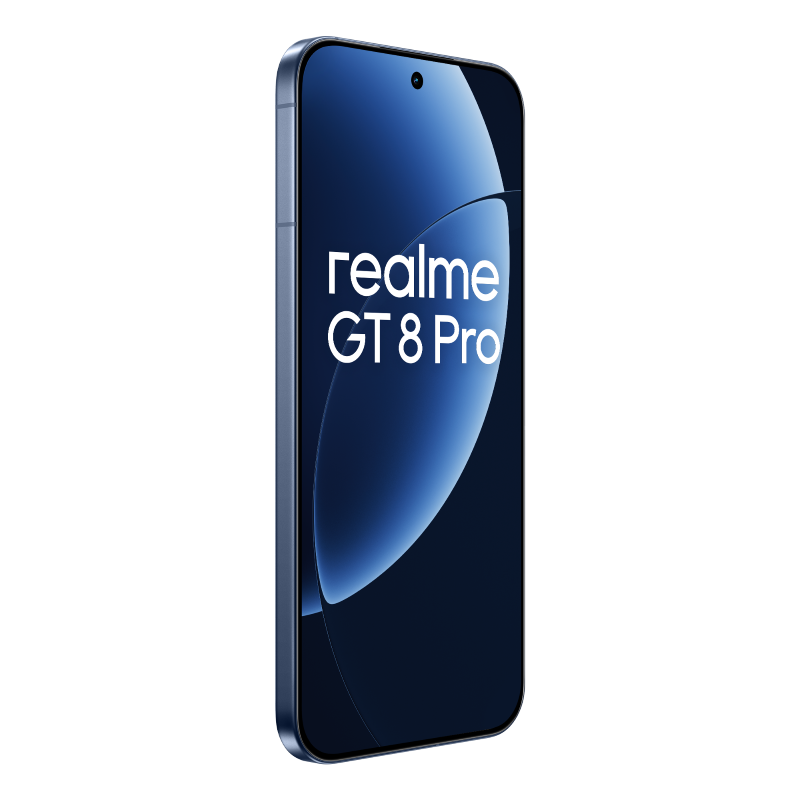 Niebieski smartfon Realme GT 8 Pro na czarnym tle. Telefon jest pochylony, pokazując ekran z nazwą telefonu.