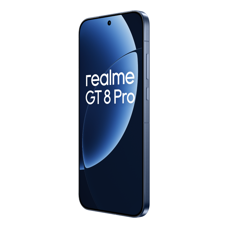Niebieski smartfon Realme GT 8 Pro z ciemnoniebieskim ekranem, białym tekstem i czarnym tłem.