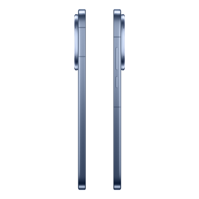 Dwa niebieskie smartfony obok siebie na czarnym tle. Jeden pokazuje przyciski. Oba mają wybrzuszenia aparatów.