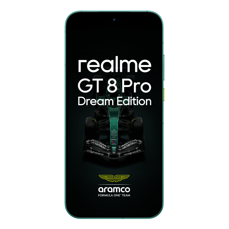 Telefon wyświetla samochód wyścigowy z tekstem 'realme GT 8 Pro Dream Edition' i logo Aston Martin Aramco Formula One Team.