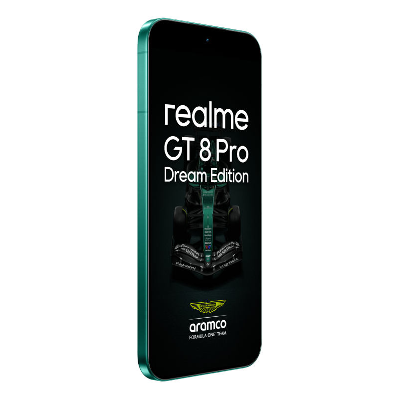 Smartfon Realme GT 8 Pro Dream Edition wyświetla samochód wyścigowy i logo Aramco. Telefon ma zieloną ramkę.