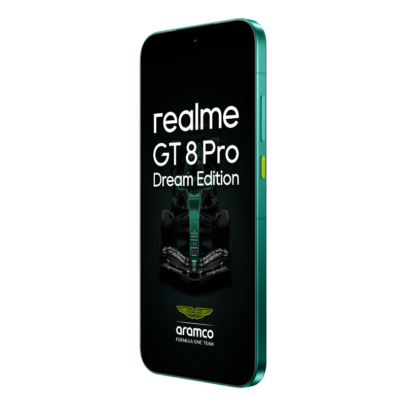 Turkusowy smartfon wyświetla samochód Aston Martin F1. Tekst: 'realme GT 8 Pro Dream Edition' i logo Aramco.