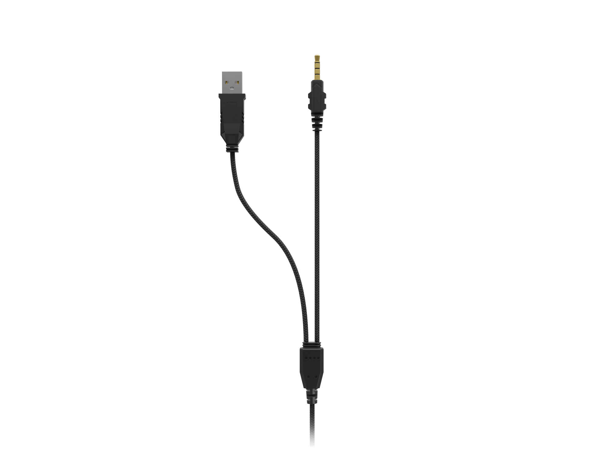 Czarny kabel USB i jack na czarnym tle. USB po lewej, jack po prawej.