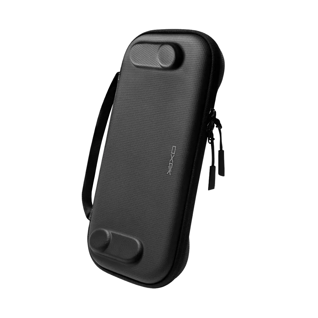 Czarna torba do przenoszenia urządzenia do gier przenośnych, z uchwytem, zamkiem błyskawicznym i dwoma podniesionymi, zaokrąglonymi sekcjami.