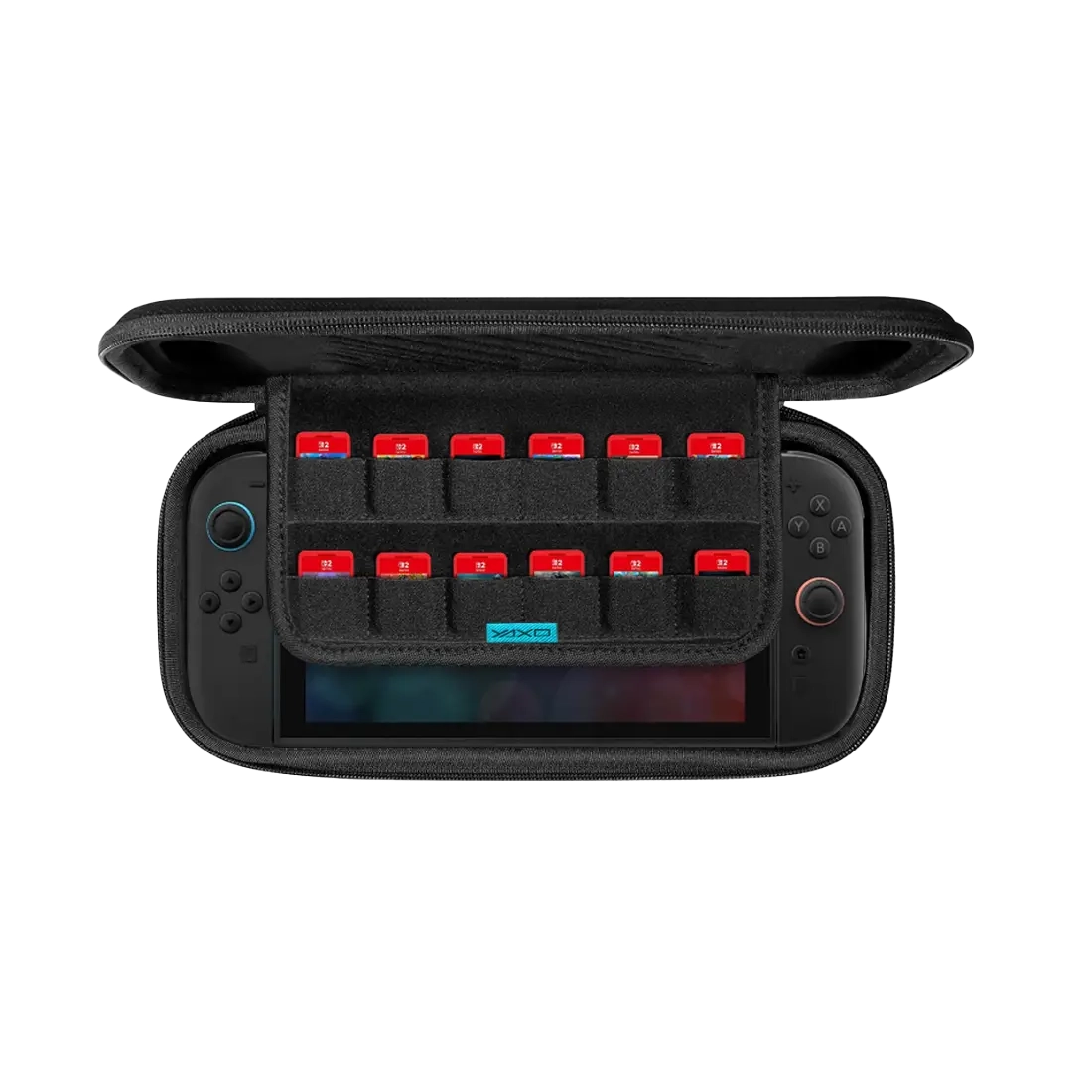 Czarny futerał na konsolę do gier otwarty, ukazujący konsolę z czerwonymi kartridżami. Etui ma zamek błyskawiczny.