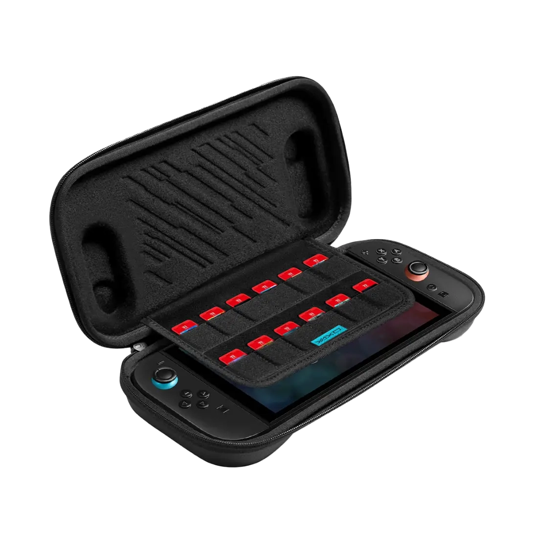 Otwarta czarna obudowa z urządzeniem do gier. Czerwone karty do gier w czarnym uchwycie, widoczne przyciski, otwarta obudowa.