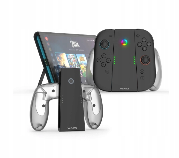 Konfiguracja do gier z tabletem wyświetlającym gry, czarnym kontrolerem i czarnym power bankiem z przezroczystym uchwytem.