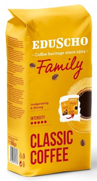 Żółta torba kawy Eduscho Classic. Torba ma tekst i grafikę. Pokazuje również filiżankę kawy i ziarna kawy.