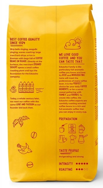 Żółta torba na kawę. Tekst zawiera 'Best Coffee Quality' i 'Eduscho Family'. Zawiera ilustracje ziaren kawy i ikony przygotowania.