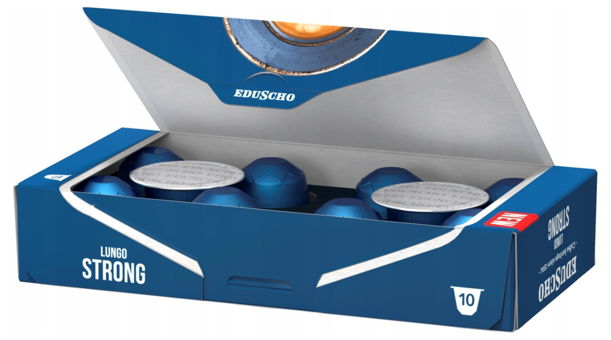 Niebieskie pudełko z kapsułkami do kawy, z napisem 'Lungo Strong'. Pudełko otwarte, widać kapsułki. Marka 'EDUSCHO'.